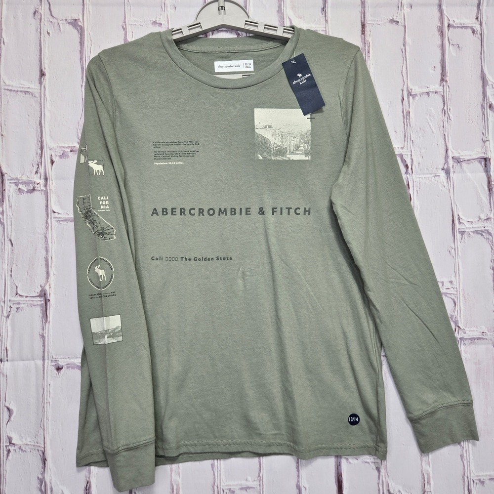 Abercrombie Kids California Graphic Long Sleeve Tee Olive Green Size‎ 13/14 NWT